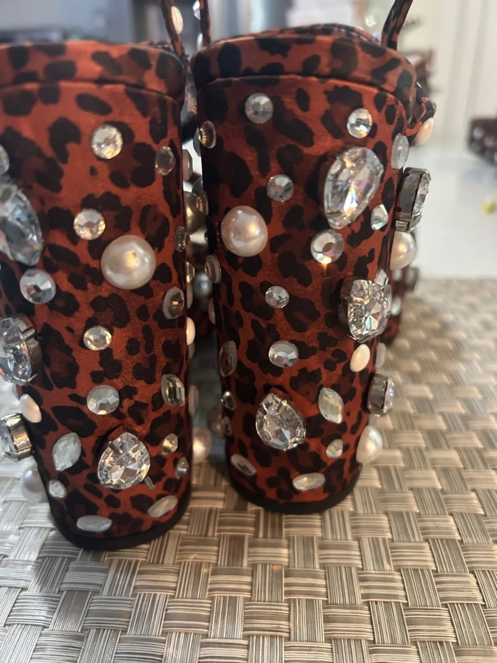 Leopard Print Platform Block Heels with Stud Accents - Brown no box